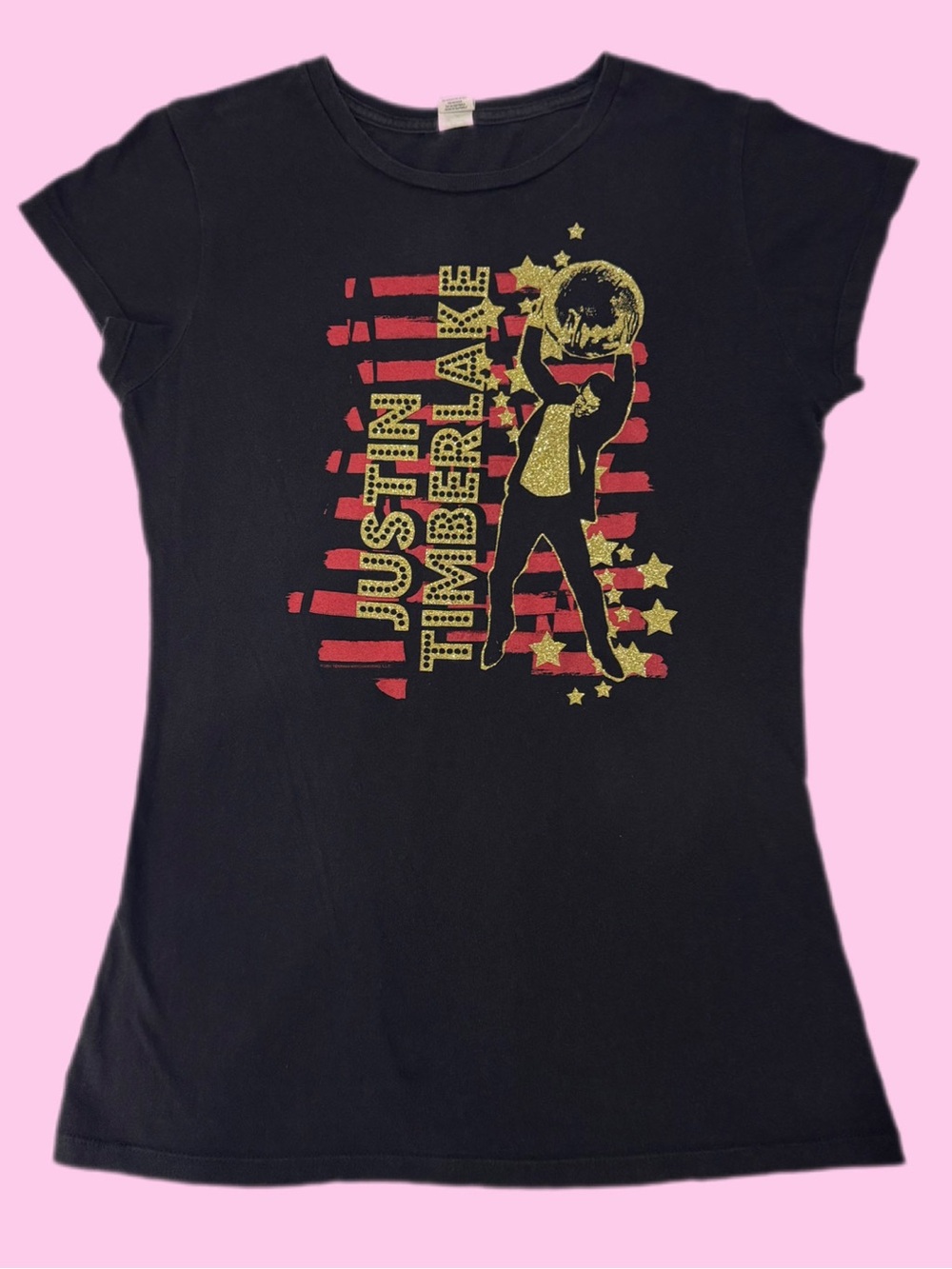 Y2K 2007 Justin Timberlake Glitter Graphic Fitted Short Cap Sleeve Shirt Large